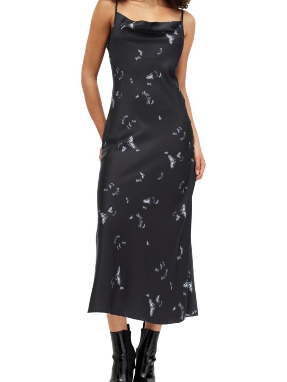 ALLSAINTS Hadley Butterfly Print Cowl Neck Satin Slipdress Black 10